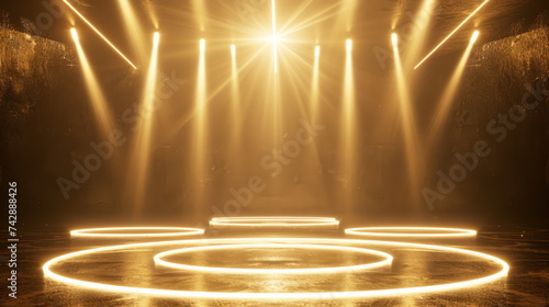 Golden Starlit Celebration: Glowing Stage Lights and Three-Dimensional Abstract Design 