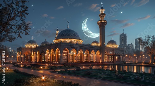 Beautiful mosque at night with crescent moon in the sky.