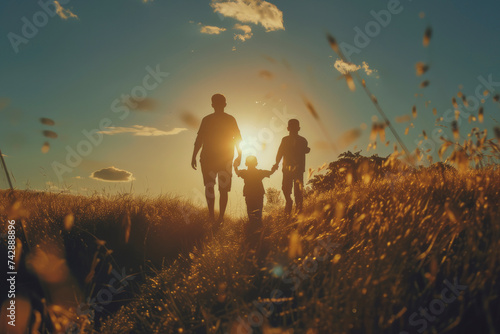 Family with sons silhouettes walks joining hands along  field at summer day with sunlight photo