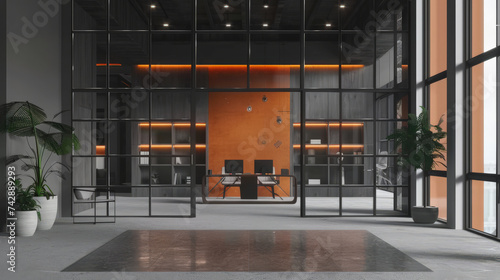  a modern office with wall lighting and large windows,