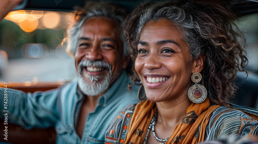 portrait of senior couple in car, an older couple is sitting in a car, the man is driving and the woman is smiling at him. portrait of senior couple in car, an older couple is sitting in a car, the man is driving and the woman is smiling at him.