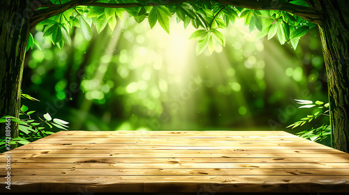 Nature and Wooden Table Background, Sunny Forest Scene with Green Bokeh, Concept of Spring and Summer
