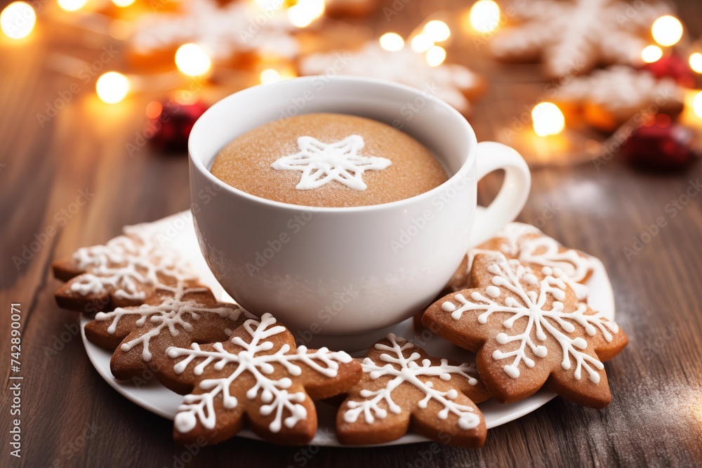 Hot winter drink: chocolate or coffee with whipped cream in blue mug. Christmas time.