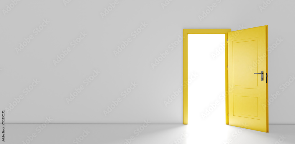 Open the door. Symbol of new career, opportunities, business ventures and initiative. Business concept. 3d render, white light inside open door isolated on white background. Modern minimal concept. Open the door. Symbol of new career, opportunities, business ventures and initiative. Business concept. 3d render, white light inside open door isolated on white background. Modern minimal concept.