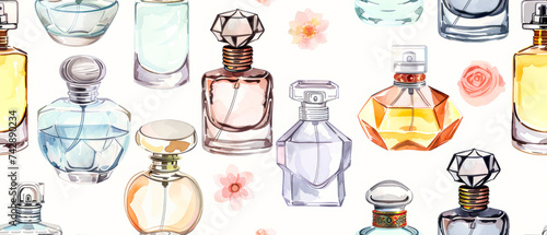 Illustration of different perfume bottles on white background.
