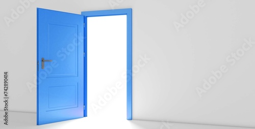 Fototapeta Naklejka Na Ścianę i Meble -  Open the door. Symbol of new career, opportunities, business ventures and initiative. Business concept. 3d render, white light inside open door isolated on white background. Modern minimal concept.
