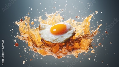 Fried egg with splashing oil drops on black background. Food photography concept with egg yolk.