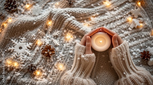 Hands holding a lit candle over a cozy knitted sweater, surrounded by Christmas lights and winter decorations.