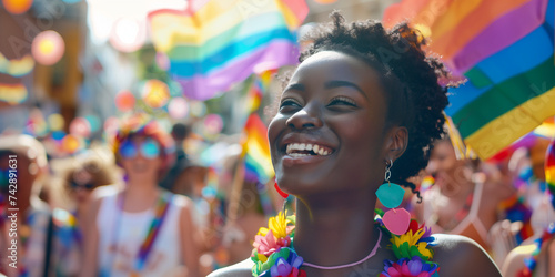 Happy young black woman smiling at the pride parade with lmbtq flags
