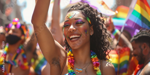 Young trans black woman at the pride parade smiling ful of joy photo