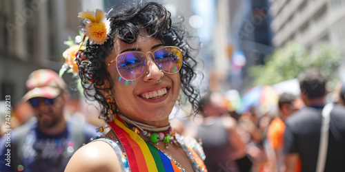 Happy young trans woman smiling and enjoy the pride parade with lmbtq flags