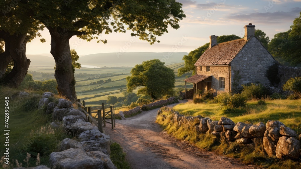 A photo of a charming stone cottage in a rolling countryside