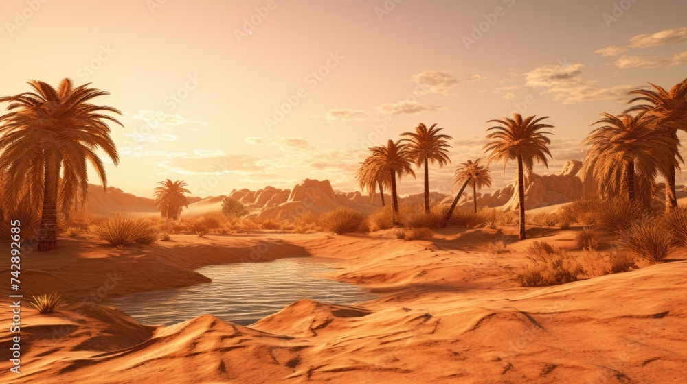 A photo of a desert oasis with palm trees