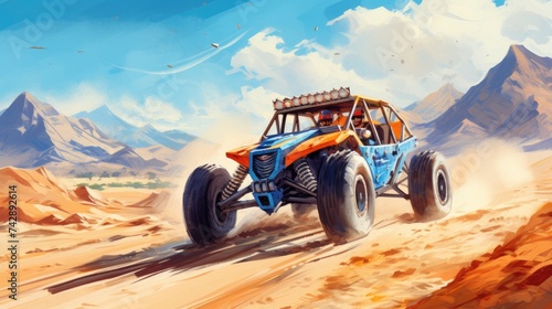 A photo of a desert dune buggy racing across the sand with distant mountains backdrop photo