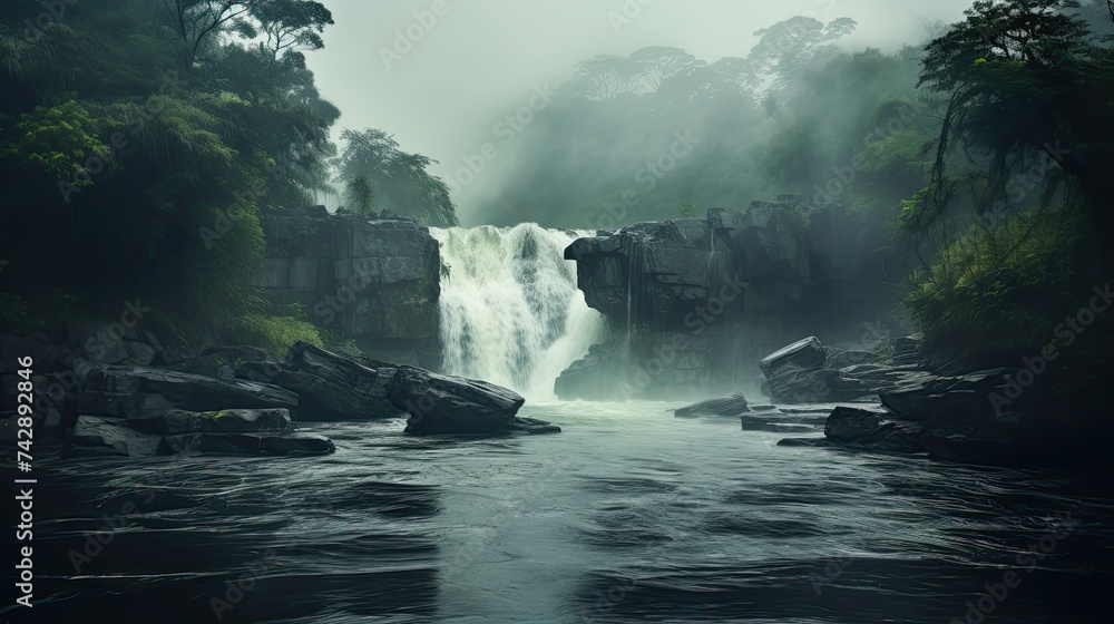 A photo of a lagoon with a small waterfall - obrazy, fototapety, plakaty 