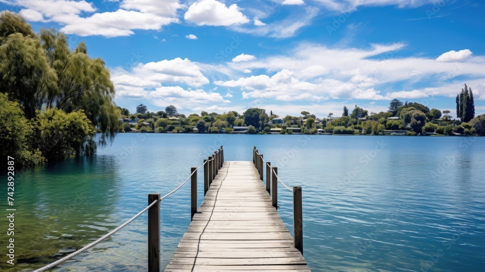 A photo of a lagoon with a wooden walkway