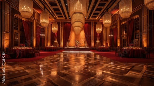 A photo of a grand ballroom with geometric patterns