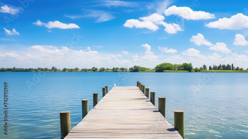 A photo of a lagoon with a wooden pier