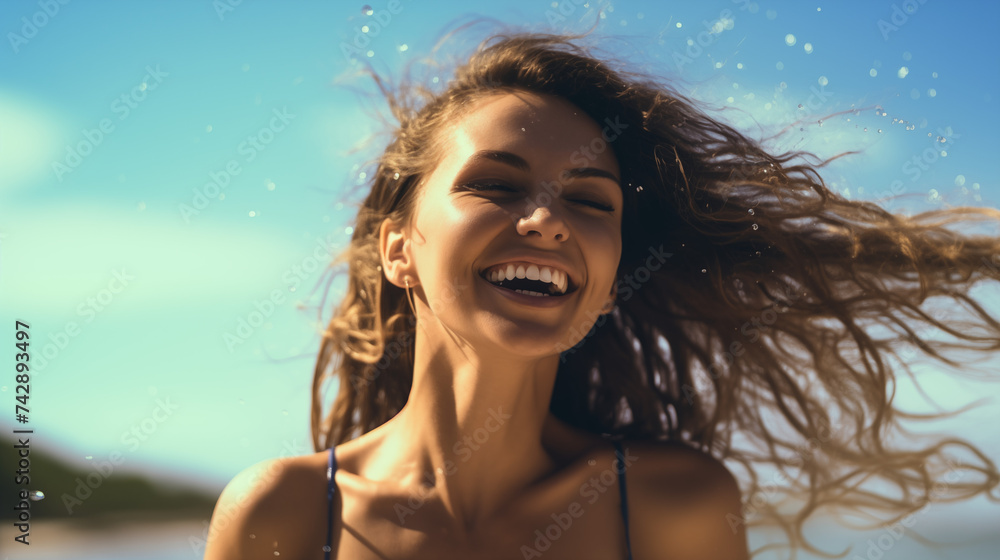 Young woman running into sea with splashes, Happy beautiful woman running on the beach