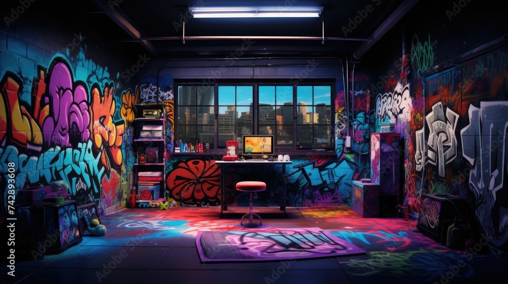 A photo of a studio with an urban graffiti backdrop A photo of a studio with an urban graffiti backdrop