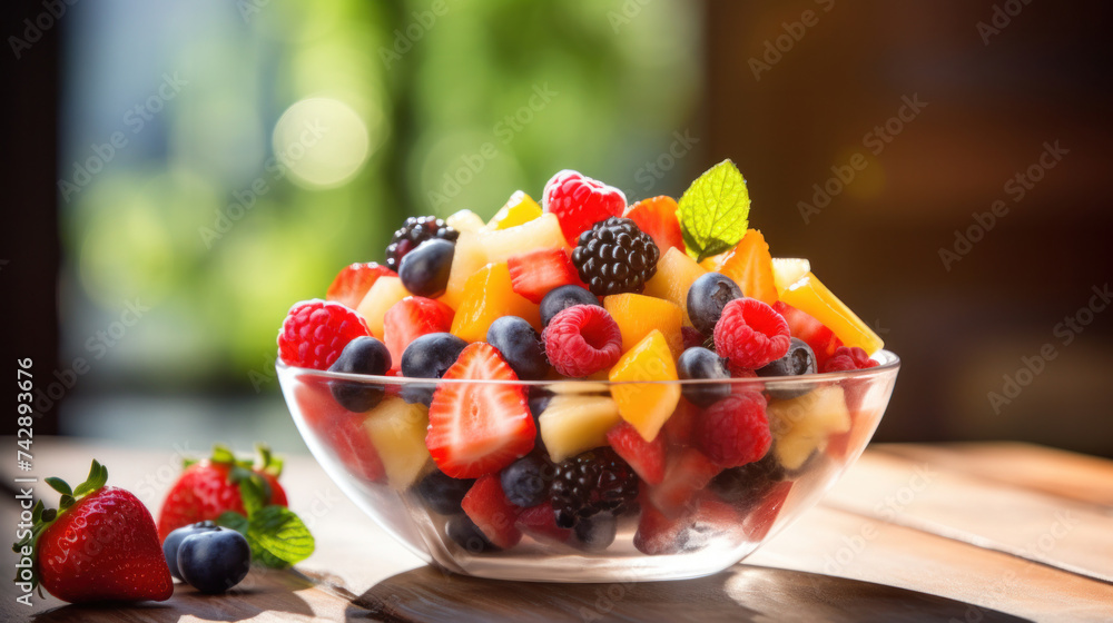 A fruit salad in a bowl on the wood table. A fruit salad in a bowl on the wood table.