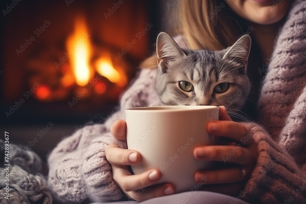 Cute cat lying on a cozy blanket at fireplace close up, autumn hygge. Adorable tabby kitty relaxing at the fireplace on the background of the owner