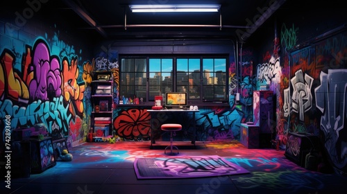 A photo of a studio with an urban graffiti backdrop
