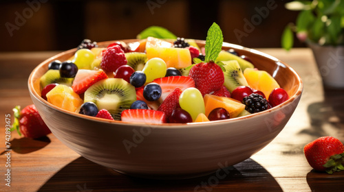 A fruit salad in a bowl on the wood table.