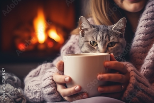 Obraz na płótnie Cute cat lying on a cozy blanket at fireplace close up, autumn hygge. Adorable tabby kitty relaxing at the fireplace on the background of the owner w salonie