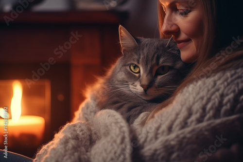 Obraz na płótnie Cute cat lying on a cozy blanket at fireplace close up, autumn hygge. Adorable tabby kitty relaxing at the fireplace in the background of the owner w salonie