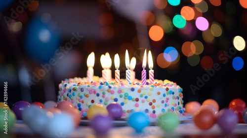 Obraz na płótnie Birthday cake with candles, bright lights boke w salonie