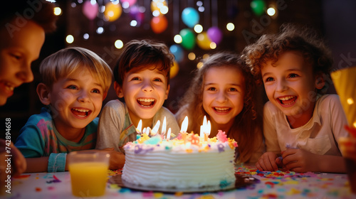 Obraz na płótnie Group of adorable kids looking at birthday cake with candles w salonie