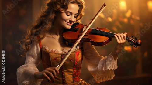 A happy beautiful woman playing the violin.