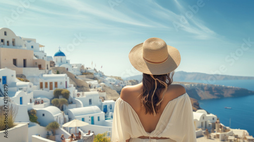 A happy beautiful young woman overlooking the background of santorini.