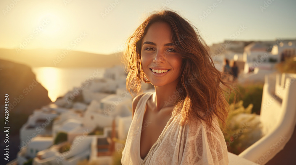 A happy beautiful young woman overlooking the background of santorini.