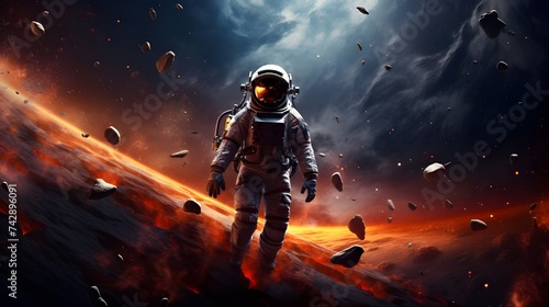 Astronaut floating in the space photo illustration, with moon and planet background, galaxy theme, milky way, universe AI Image generative 