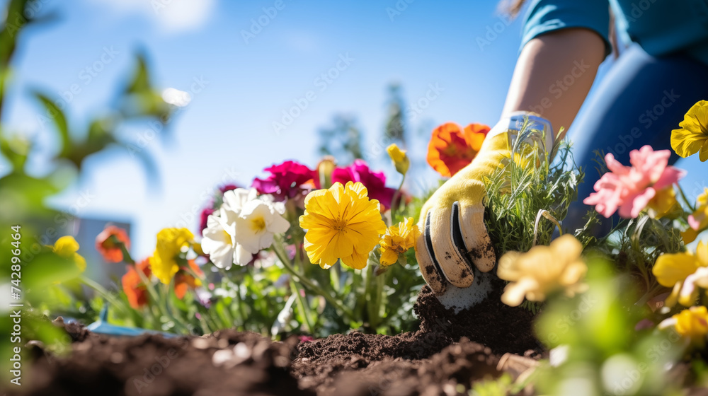Summer gardening. Woman sitting near the green peas beds and weeding. Close up of hands. Organic agriculture. Sunlight