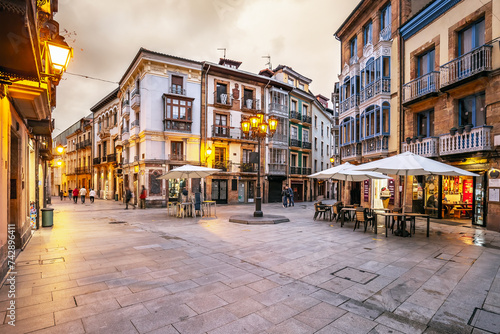 The illuminated old town of Oviedo in the evening, Asturias, Spain