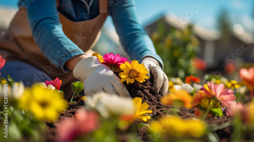 Summer gardening. Woman sitting near the green peas beds and weeding. Close up of hands. Organic agriculture. Sunlight