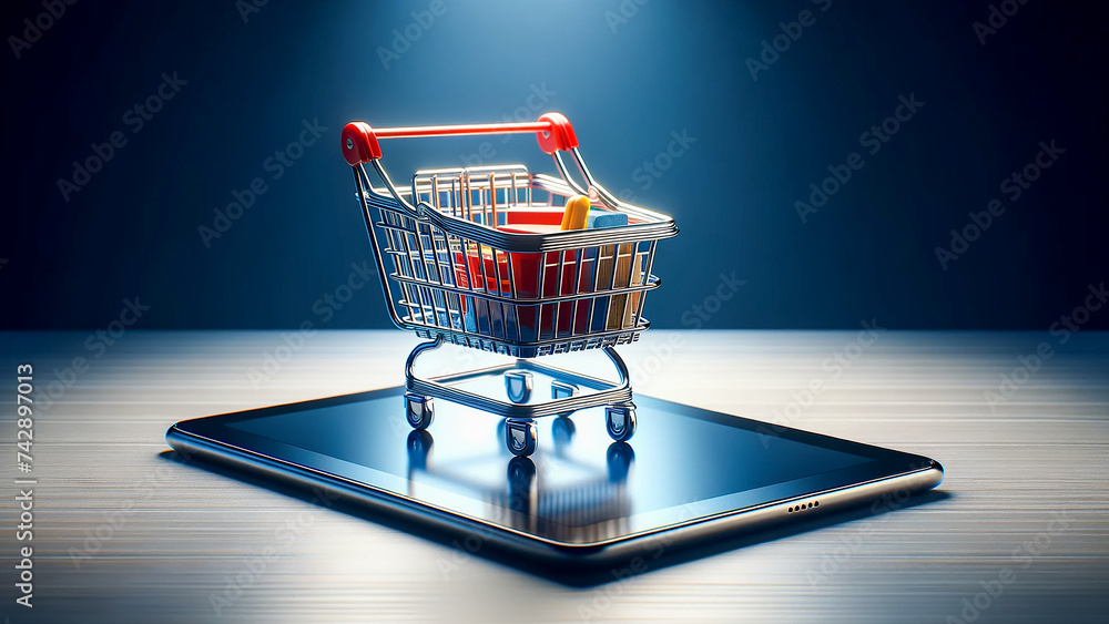 shopping basket placed on top of a tablet.