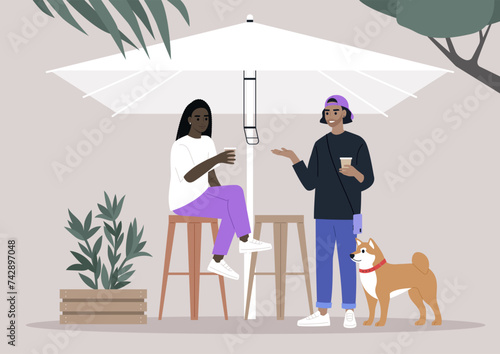 Serene Afternoon at a Backyard Gathering With Friends and a Shiba Inu, Two characters enjoying a conversation with a dog by their side under the shade of an umbrella
