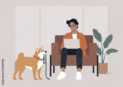 During a crucial business call, the character's Shiba Inu persistently tries to grab their attention by bringing a leash, hinting at a longing for a walk outside