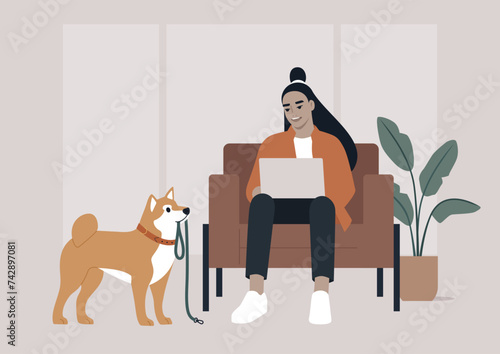 During a crucial business call, the character's Shiba Inu persistently tries to grab their attention by bringing a leash, hinting at a longing for a walk outside