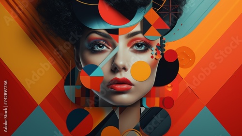 Abstract Portrait of a Woman with Colorful Geometric Face Paint Design