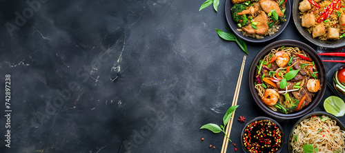  asian cuisine on dark background. Ai generative. photo