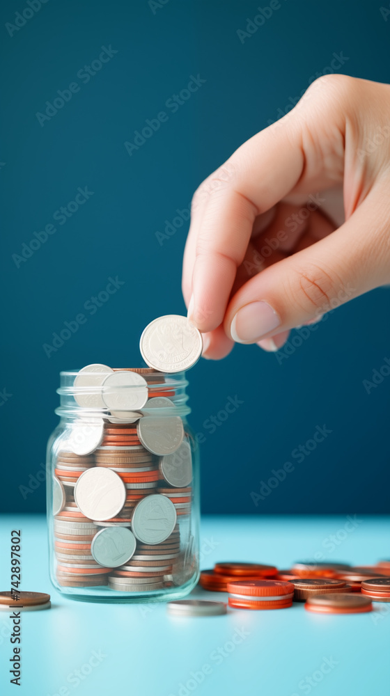 Hand putting coin to a piggy bank