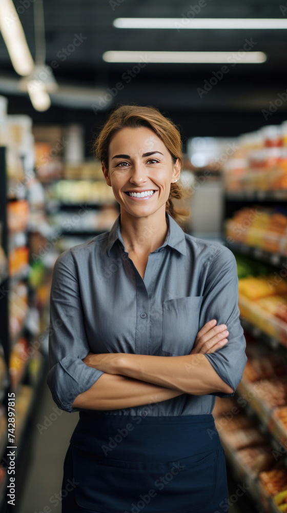 Fototapeta premium A happy woman shop or supermarket owner with arms crossed.