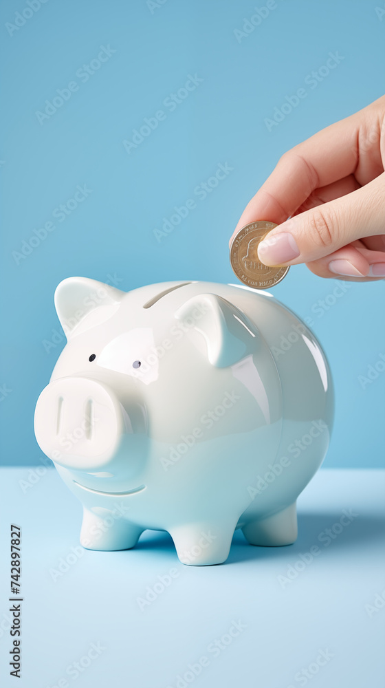 Hand putting coin to piggy bank