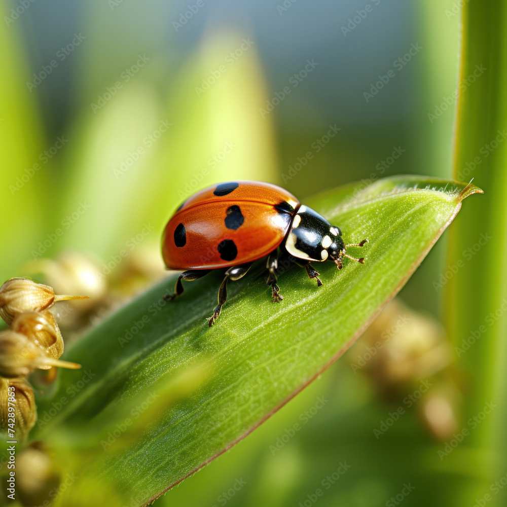 A ladybug on a leaf in the field. A ladybug on a leaf in the field.