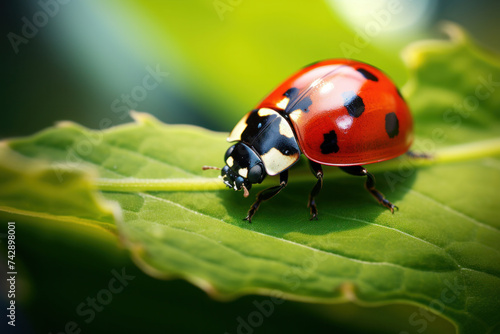A ladybug on a leaf in the field. © Wararat